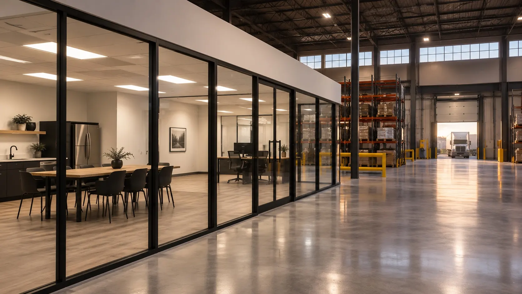 A new glass-walled office and lunchroom built inside a distribution warehouse, with racking, safety rails and a truck at the dock