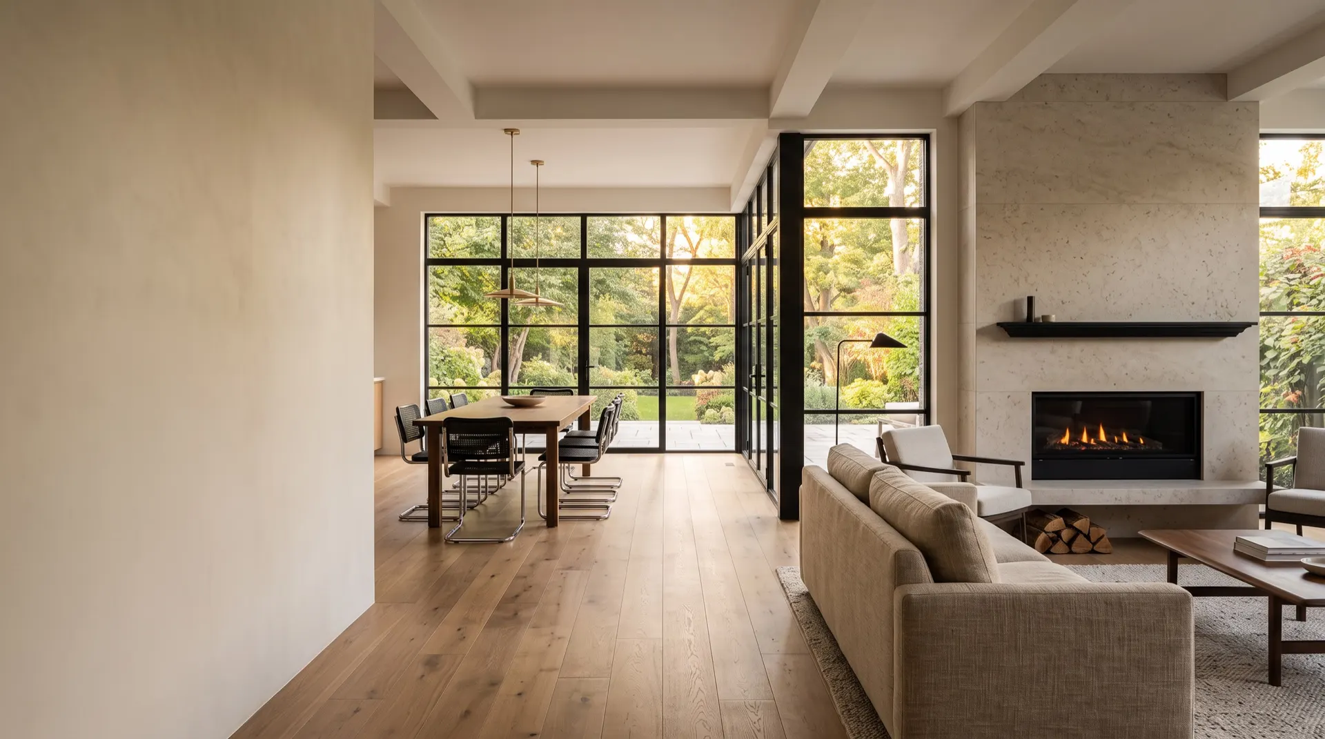 A renovated open-plan living and dining room with a limestone fireplace and garden views